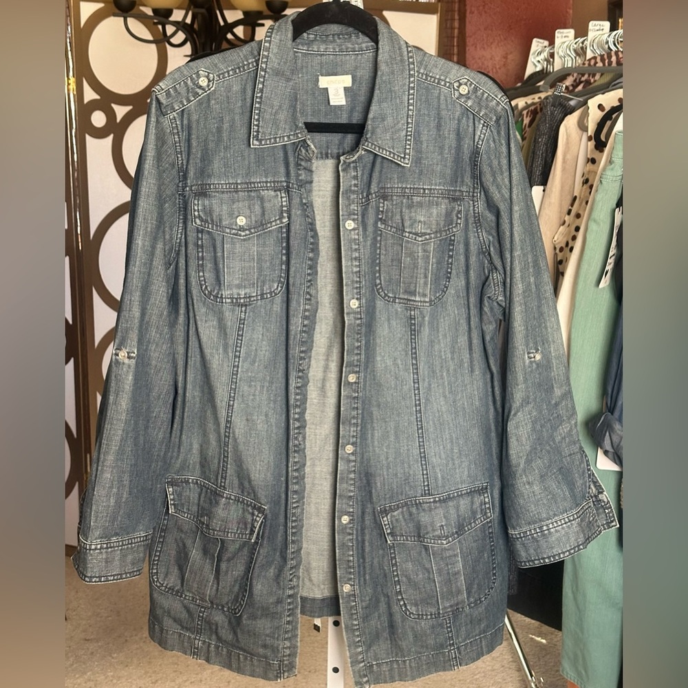 Chico’s Denim Utility Barn Jacket Cotton 4 Pocket Size 3 XL